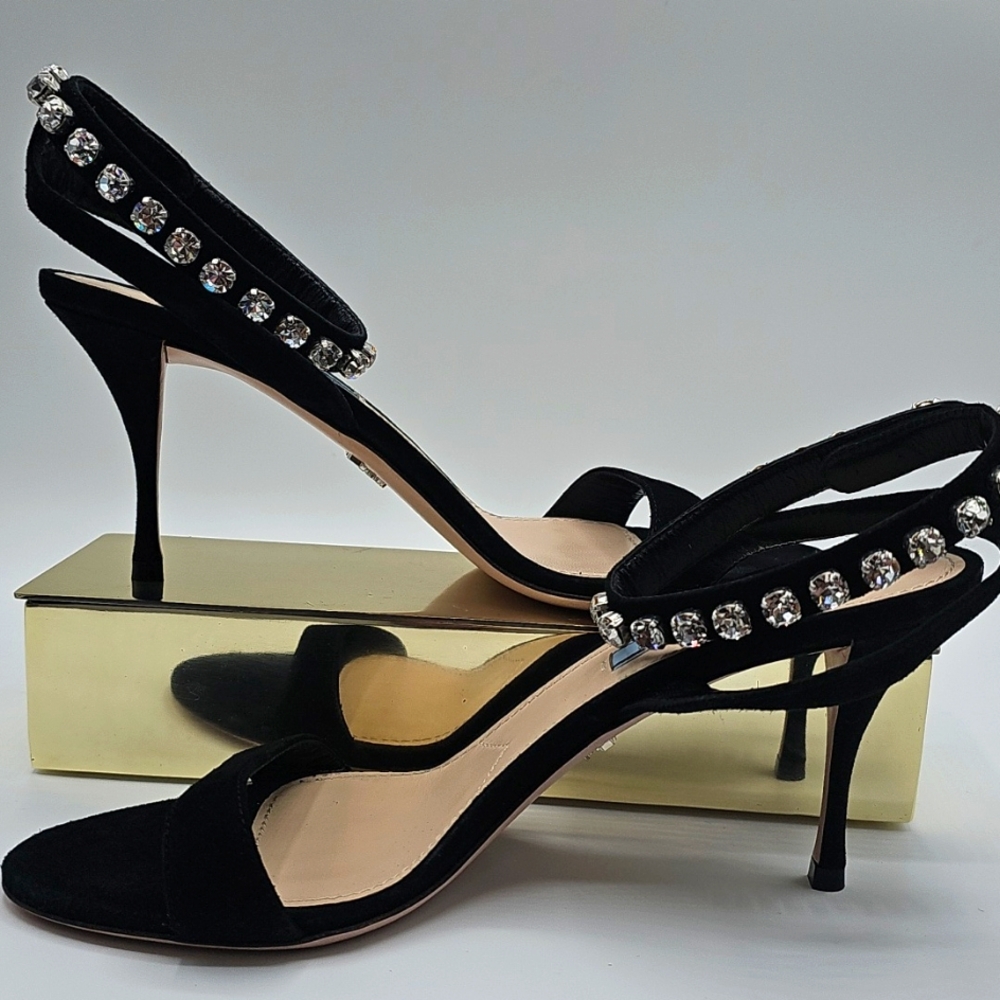 Prada Women's Black Sandals with Crystal Embellishments 37 1/2